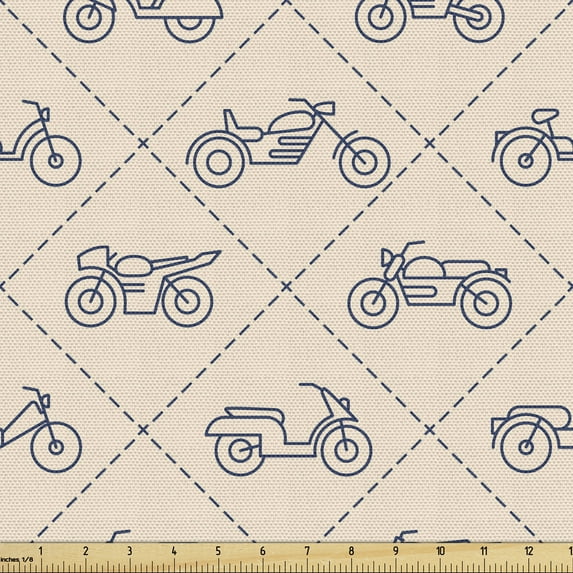 Ambesonne Adventure Fabric by the Yard Upholstery, Geometric Motorcycles, 3 Yards, Champagne Dark Blue Grey