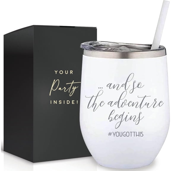 Adventure begins - ladies congratulatory gift, gift for friends moving or welcome to join the team, perfect new start gift - 12-ounce stainless steel glass cup, with straw and lid.