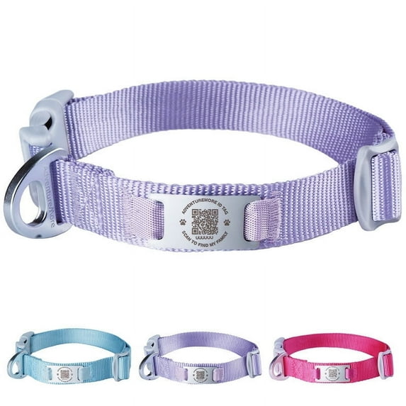 Adventuremore Smart ID Tag QR Code Nylon Dog Collar - Prevents Small, Medium, Large Dogs from Getting Lost at Night, Displays Owner and Pet Details - Durable, Adjustable, Thick-Purple-M