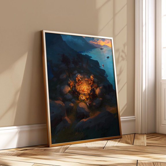 Adventurers by Sea Campfire Sunset Fantasy Landscape Coastal RPG Decor, Stretched Canvas 8x10in