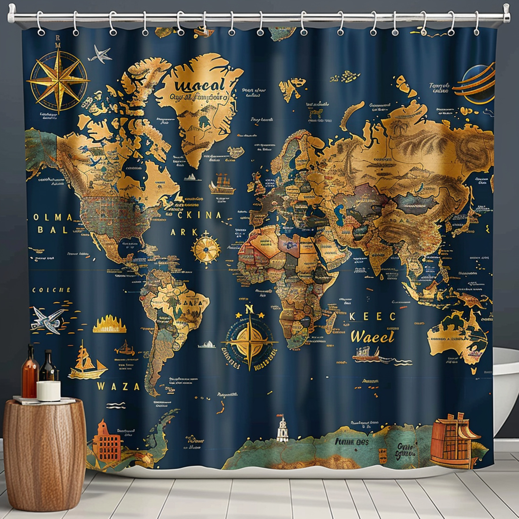 Adventurethemed World Map Shower Curtain with Landmarks & Travel