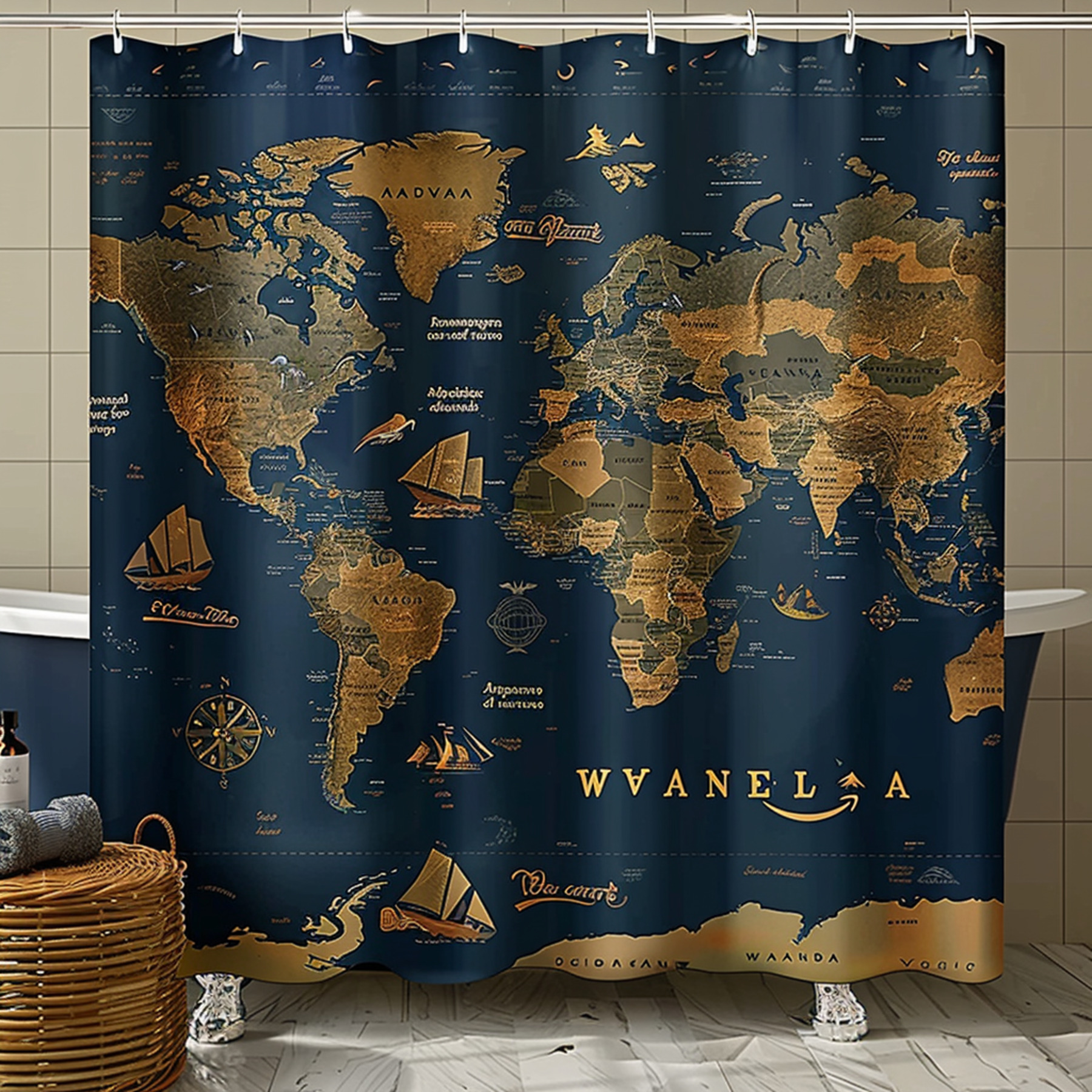 Adventurethemed World Map Shower Curtain with Landmarks & Travel