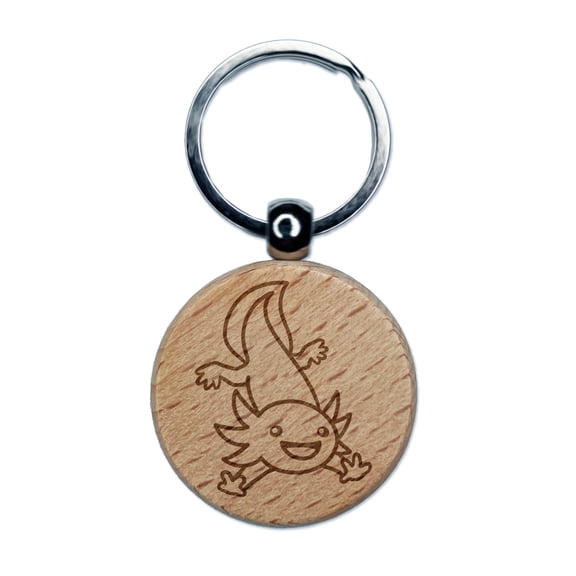 Adventurous Axolotl Salamander Round Keychain Charm Tag - Engraved Wood