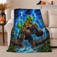 thumbnail image 1 of Adventurous Dinosaur Monster Truck Leaping, Dramatic Coastal Landscape Scene, Warm Flannel Blanket for Beach House and Living Room, Beach Lovers Valentine's Day Gift, Coastal Home Decor, 1 of 9
