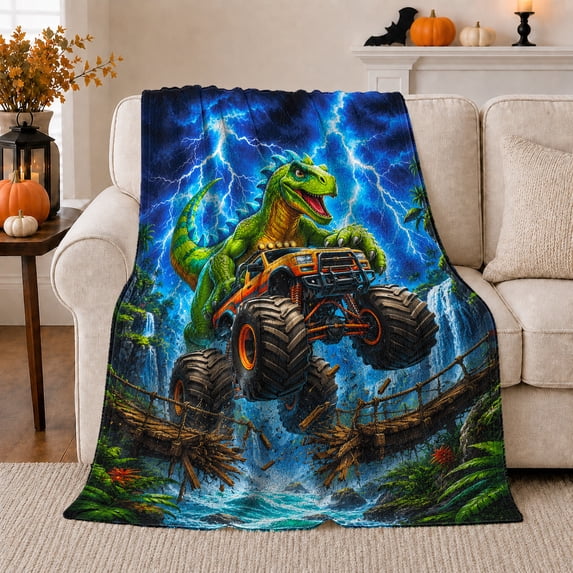 Adventurous Dinosaur Monster Truck Leaping, Dramatic Coastal Landscape Scene, Warm Flannel Blanket for Beach House and Living Room, Beach Lovers Valentine's Day Gift, Coastal Home Decor