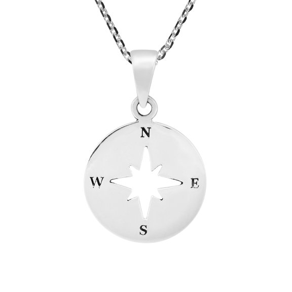Adventurous Life Compass Round Sterling Silver Pendant Necklace