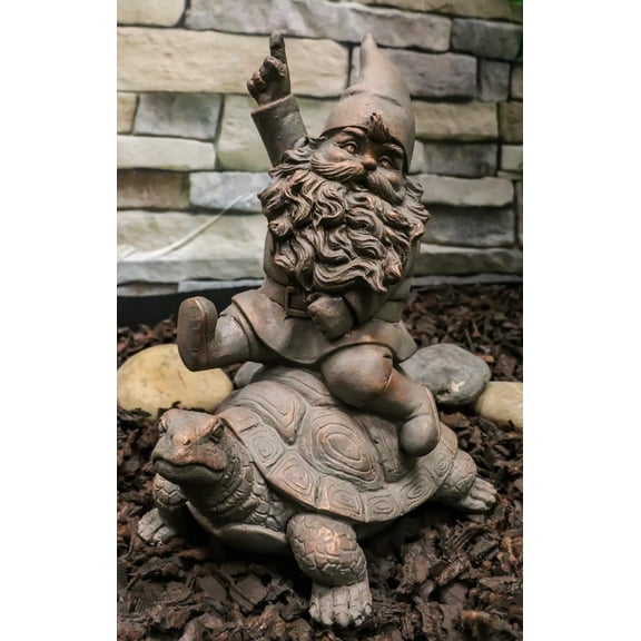Adventurous Mr Gnome Sitting On Wild Rodeo Giant Tortoise Garden Figurine Decor