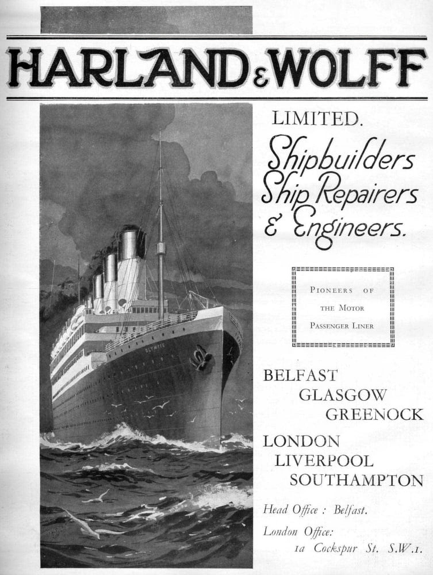 Advert Harland & Wolff inc Olympic c1920 Canvas Art - (18 x 24)