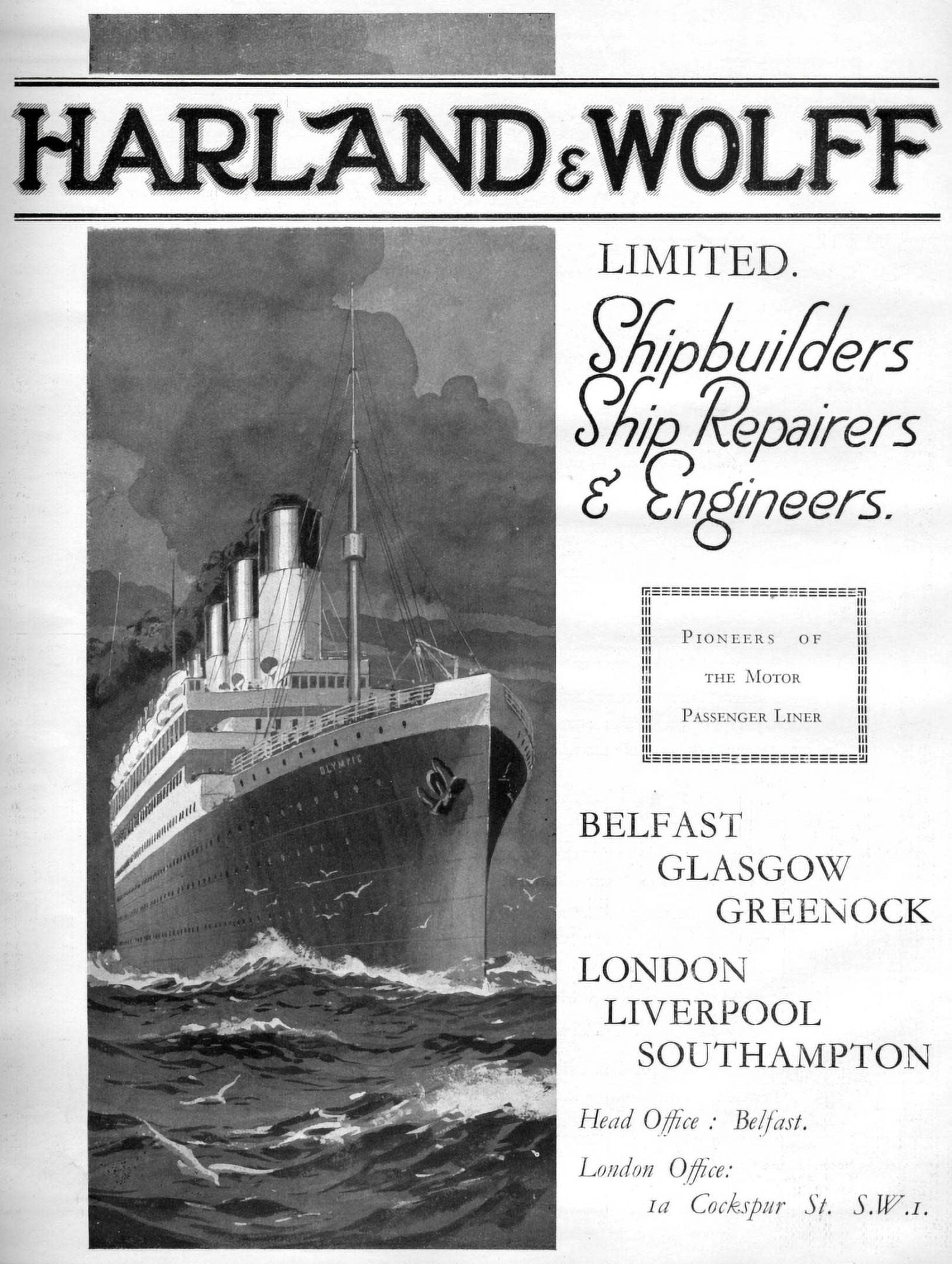 Advert Harland & Wolff inc Olympic c1920 Canvas Art - (24 x 36)
