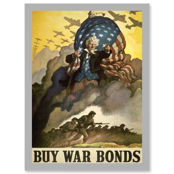 Advert Military WWII War USA Uncle Sam Buy Bond Stars Stripes Flag Artwork Framed Wall Art Print A4