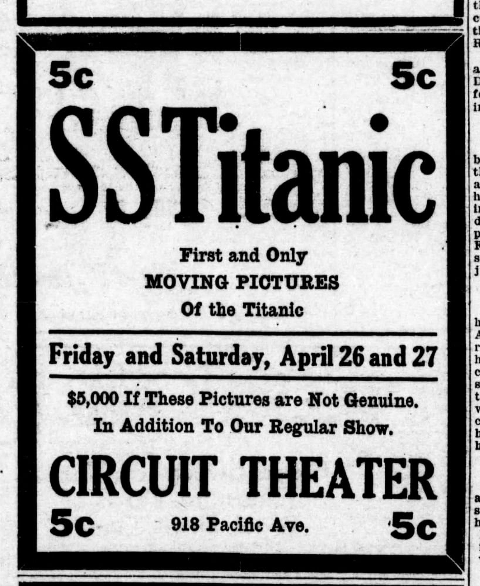 Advert SS Titanic moving pictures April 1912 Canvas Art -  (18 x 24)