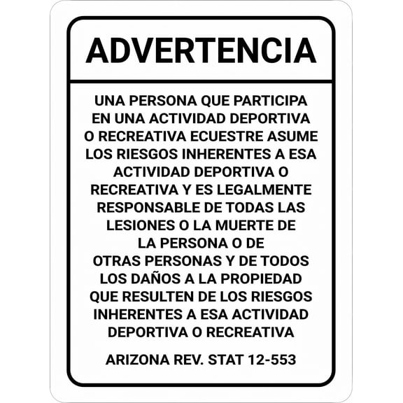 Advertencia Responsabilidad Equina Arizona Sign - 8"x12" Spanish Metal Sign, Danger Warning, Man Cave Yard Indoor Outdoor Decor