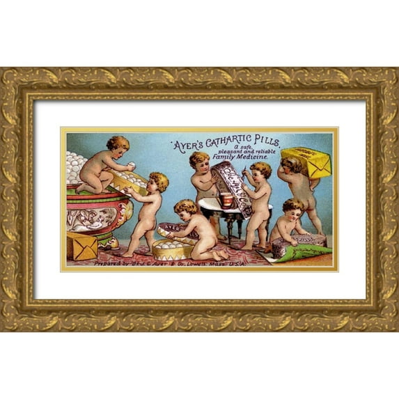 Advertisement 18x11 Gold Ornate Wood Framed with Double Matting Museum Art Print Titled - Ayers Cathartic Pills