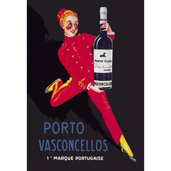 Advertising for the Portuguese drink Porto Vasconcellos showing a bell hop running with an oversized bottle of Porto Club. Poster Print by unknown (24 x 36)