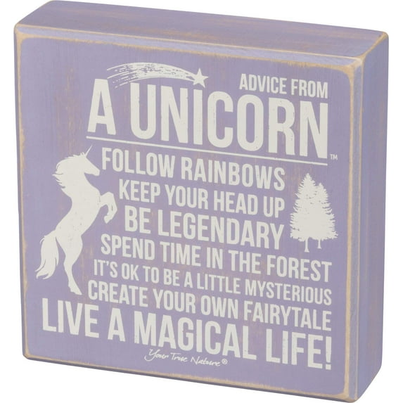 Advice from a Unicorn - Primitives by Kathy 6 in x 6 in Purple Wooden Box Sign