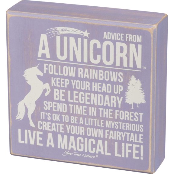 Advice from a Unicorn - Primitives by Kathy 6 in x 6 in Purple Wooden Box Sign