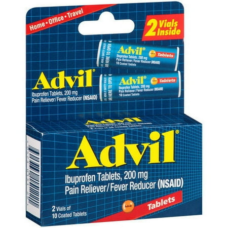 Advil (2 Vials of 10 Tablets) Pain Reliever / Fever Reducer Coated Tablet, 200mg Ibuprofen, Temporary Pain Relief