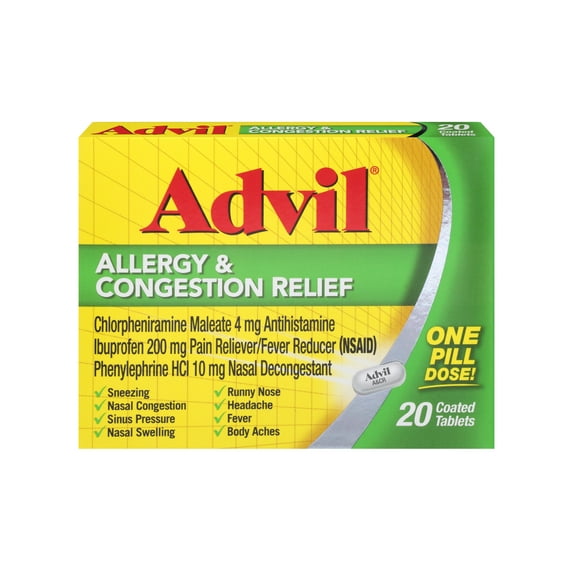 Advil Allergy and Congestion Relief Pills Pain and Fever Reducer Medicine Tablets, 20 Count