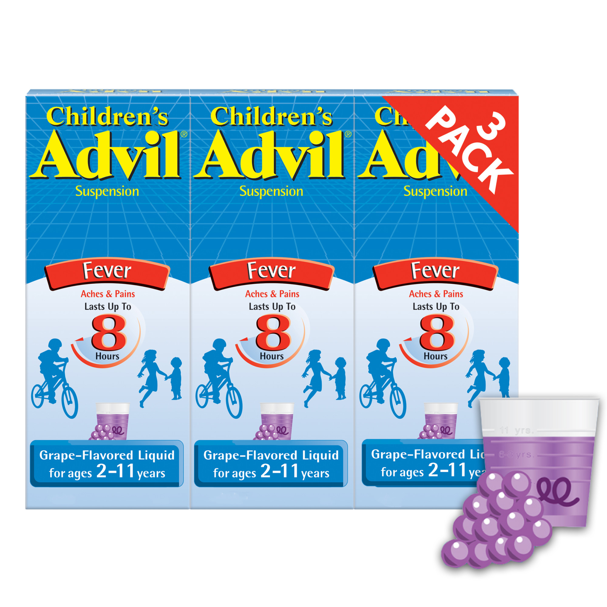 Advil Children's Fever Reducer/Pain Reliever, 100Mg Ibuprofen (Grape Flavor Oral Suspension, 4 Fl. Oz. Bottle, Pack of 3) - image 1 of 10