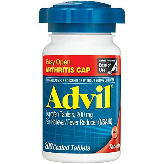 Advil Coated Tablets Pain Reliever and Fever Reducer, Ibuprofen 200Mg, 200 Count, Easy Open Arthritis Cap *EN