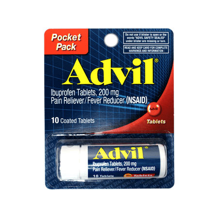 Advil Coated Tablets Pain Reliever and Fever Reducer, Ibuprofen 200mg, 10 Count Vial, Fast Pain Relief, Pocket Pack