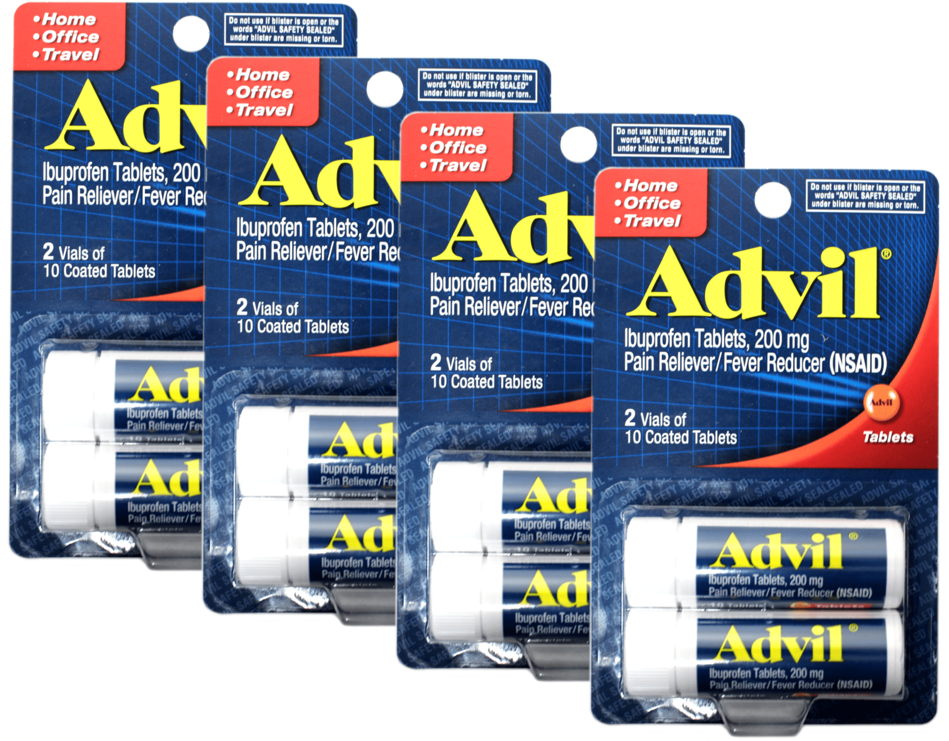 Advil Coated Tablets Pain Reliever and Fever Reducer, Ibuprofen 200mg, 2 x 10 Count Vials Travel Size Pack of 4 (8 vials total)