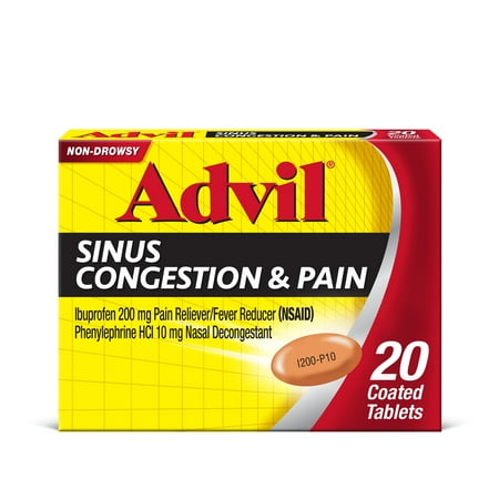 Advil Sinus Congestion and Pain, Sinus Medicine, Pain Reliever and Fever Reducer With Ibuprofen and Phenylephrine Hcl, Coated Tablets, 20 Count