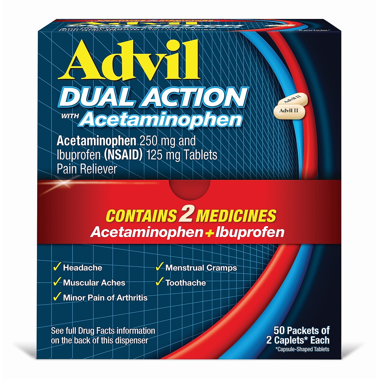 Dual Action with Acetaminophen and Ibuprofen Caplets, 50 Packets of 2 Caplets Dual Action with Acetaminophen and Ibuprofen Caplets, 50 Packets of 2 Caplets