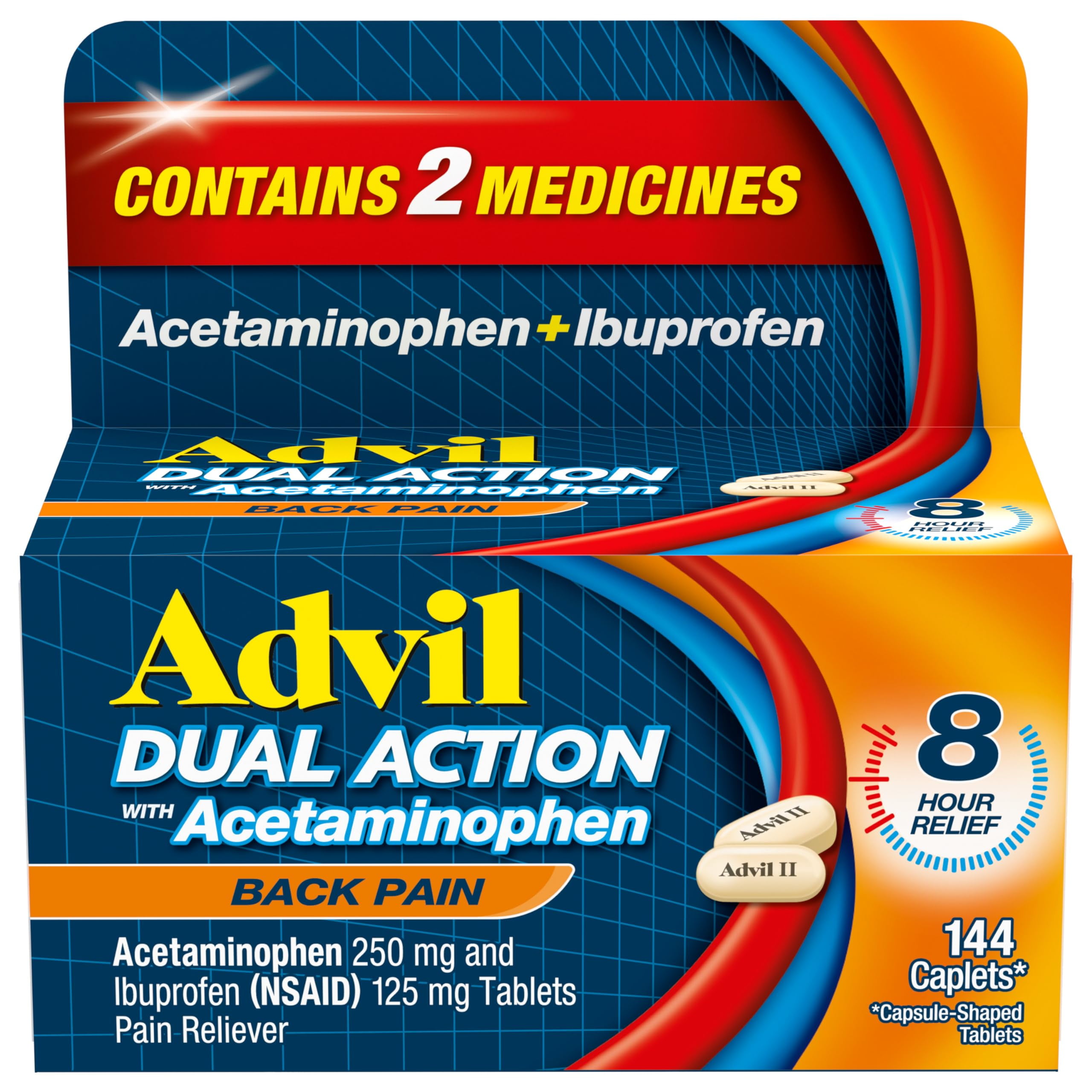 Advil Dual Action Back Pain Caplets Delivers 250mg Ibuprofen and 500mg