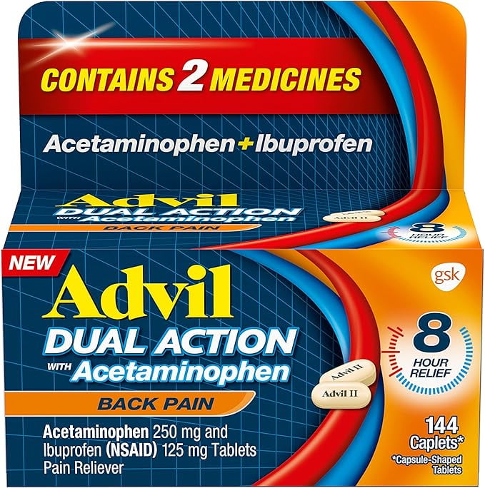 Advil Dual Action Back Pain Caplets Delivers 250mg Ibuprofen and 500mg