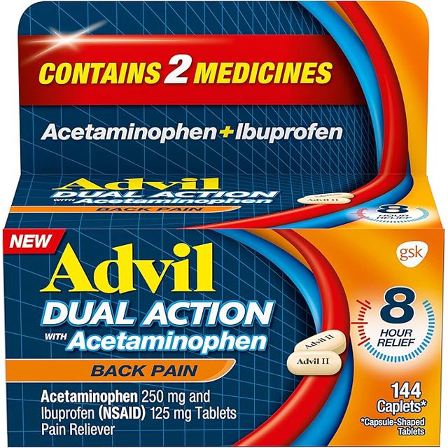 Advil Dual Action Back Pain Caplets Delivers 250mg Ibuprofen and 500mg