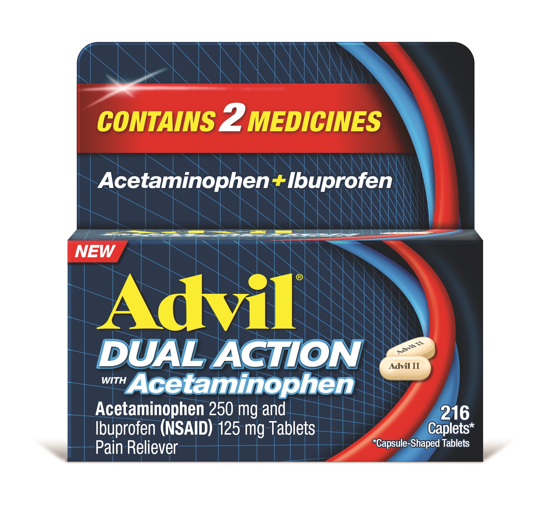 Advil Dual Action Coated Caplets with Acetaminophen, 250 Mg Ibuprofen and 500 Mg Acetaminophen Per Dose (2 Caplet Equivalent) for 8 Hour Pain Relief - 216 Count - image 1 of 6