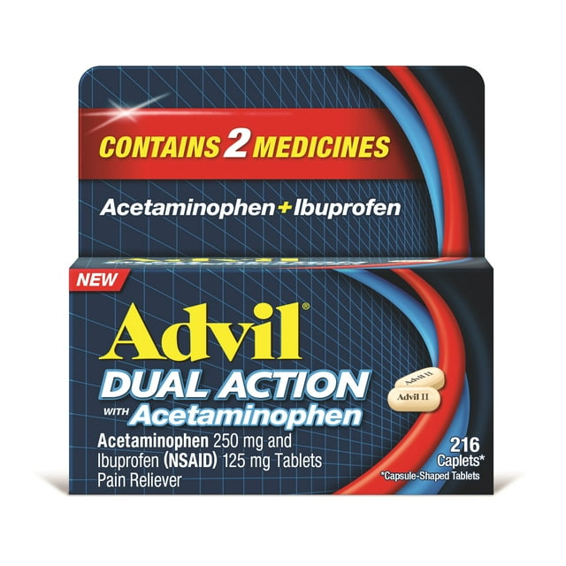 Advil Dual Action Coated Caplets with Acetaminophen, 250 Mg Ibuprofen and 500 Mg Acetaminophen Per Dose (2 Caplet Equivalent) for 8 Hour Pain Relief - 216 Count