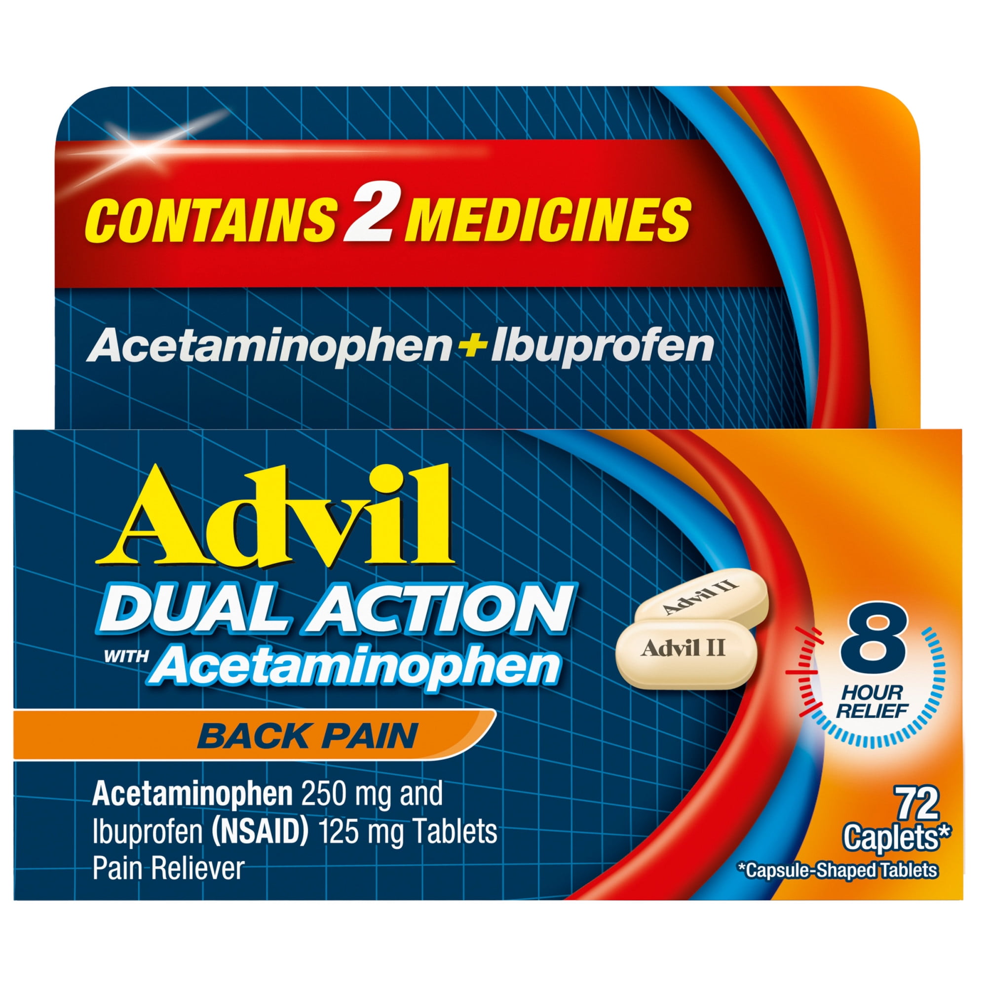 Advil Dual Action Pain Relievers for Back Pain Relief Caplets, 250Mg Ibuprofen and 500Mg Acetaminophen, 72 Count