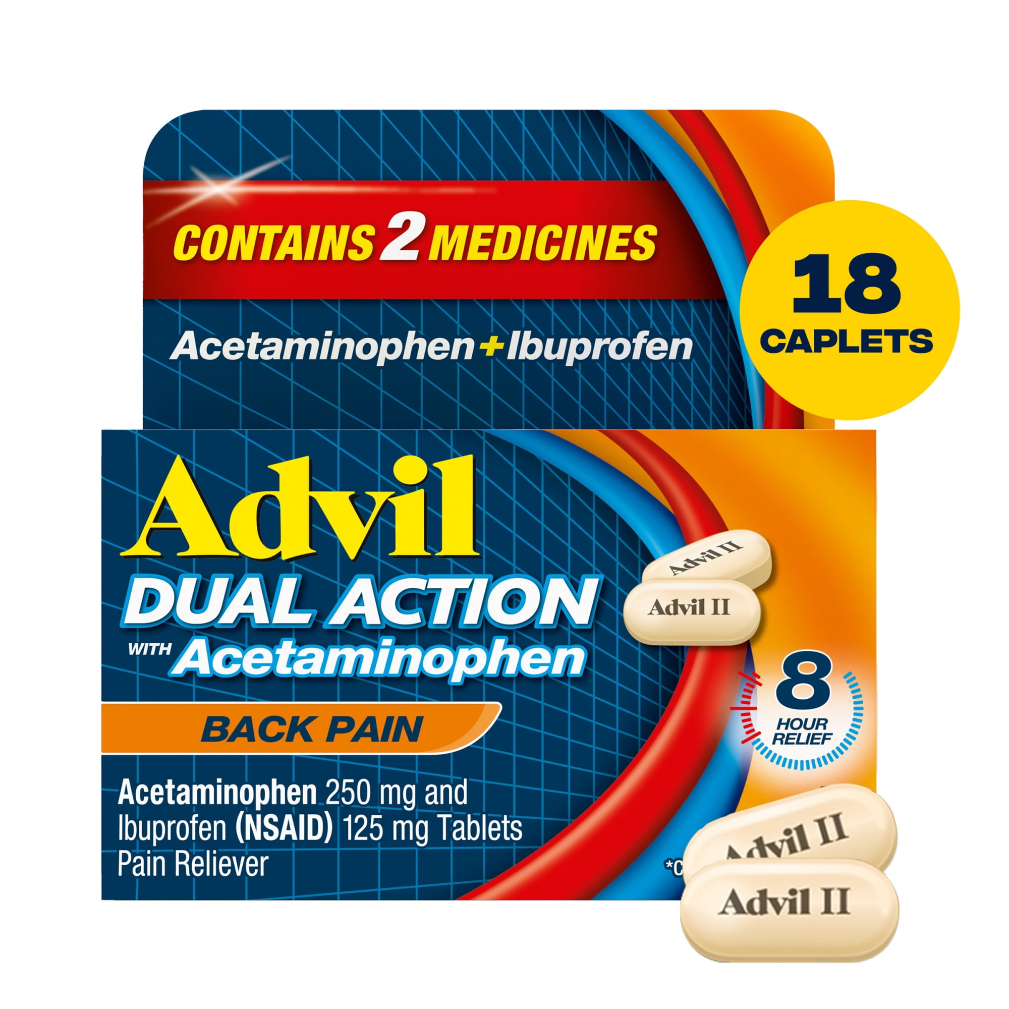 Advil Dual Action Pain Relievers for Back Pain Relief Tablet, 250Mg Ibuprofen and 500Mg Acetaminophen, 18 Count