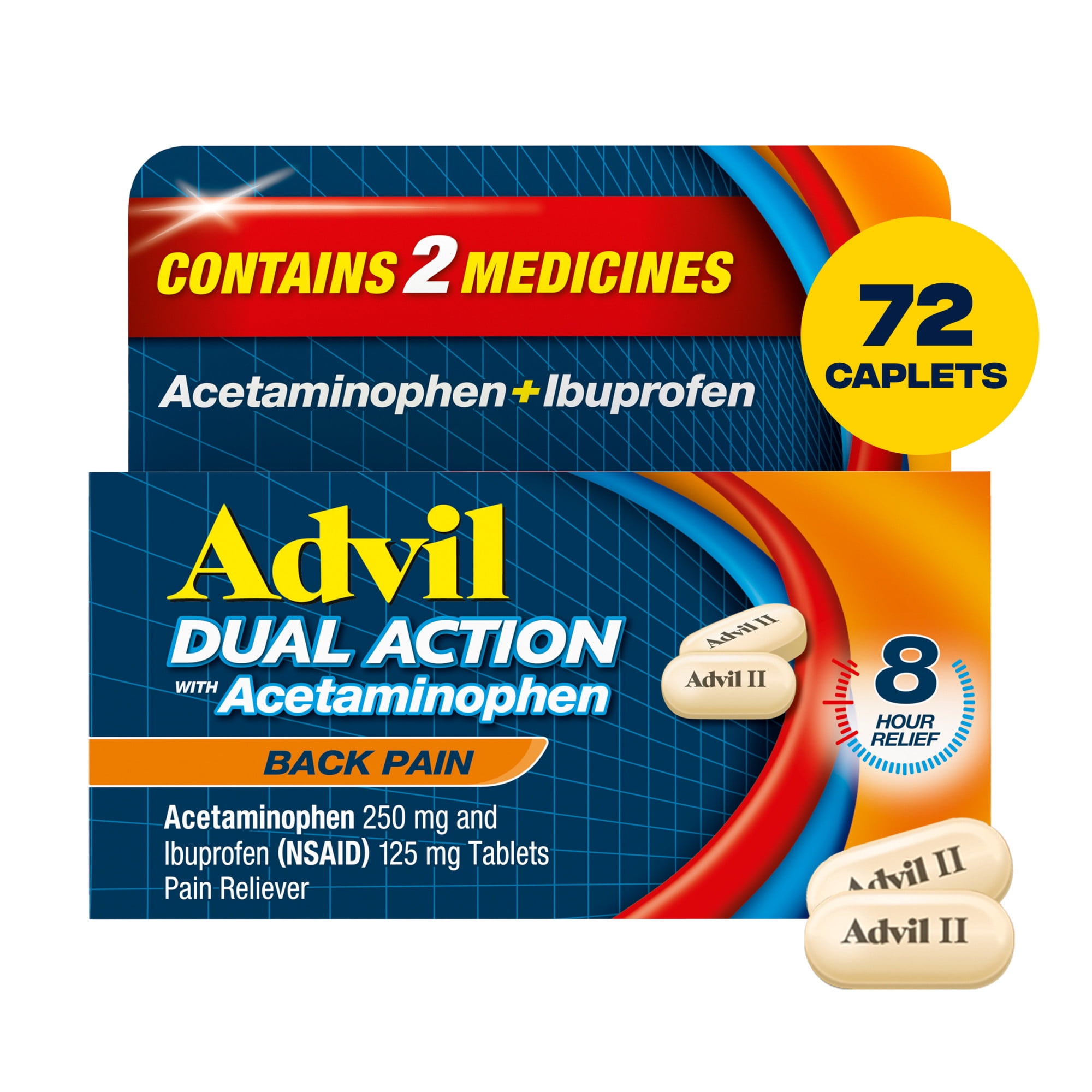 Advil Dual Action Pain Relievers for Back Pain Relief Caplets, 250Mg Ibuprofen and 500Mg Acetaminophen, 72 Count