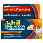 Advil Dual Action Pain Relievers for Back Pain Relief Tablet, 250Mg Ibuprofen and 500Mg Acetaminophen, 72 Count