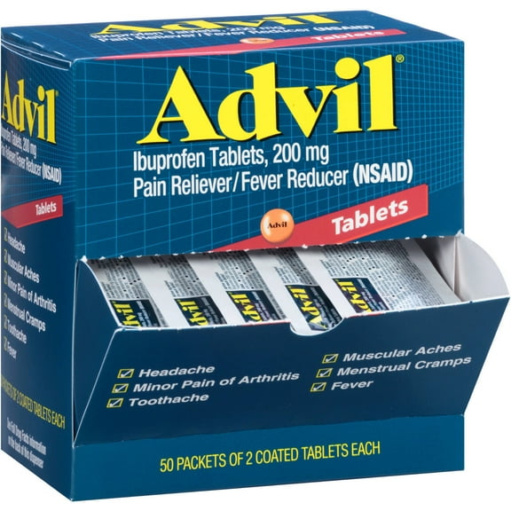 Advil Ibuprofen Coated Tablets 200 mg Pain Reliever/Fever Reducer 50 Packets of 2 Coated Tablets Each
