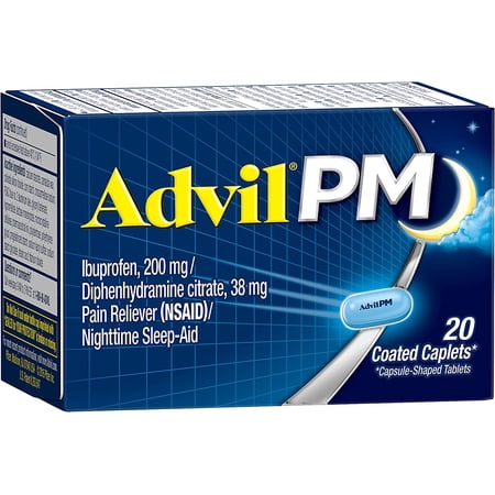 Advil PM Pain Reliever/Nighttime Sleep Aid, Ibuprofen and Diphenhydramine 20-Count Coated Caplets