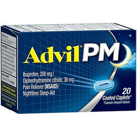 Advil PM Pain Reliever/Nighttime Sleep Aid, Ibuprofen and Diphenhydramine 20-Count Coated Caplets
