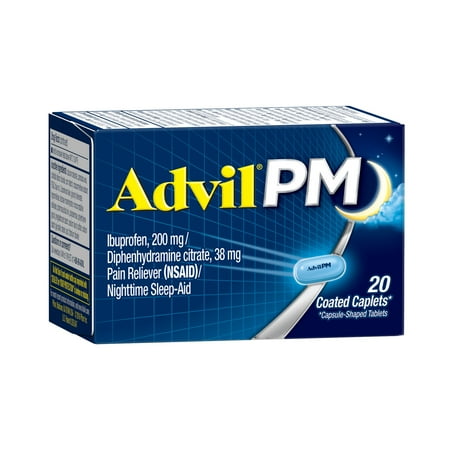 Advil PM Sleep Aid Pain Relievers, Ibuprofen, Diphenhydramine, Coated Caplet, 20 Count