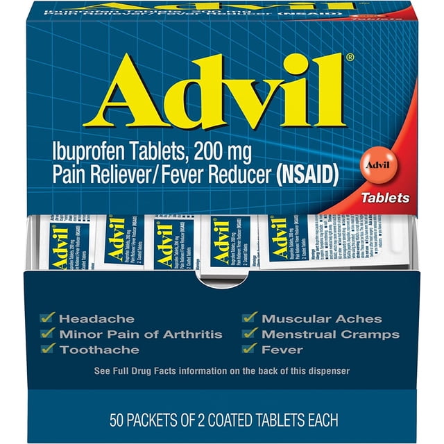 Advil Ibuprofen Pain Reliever, 200mg, 2 Tablets per Sealed Packet, 3 ...