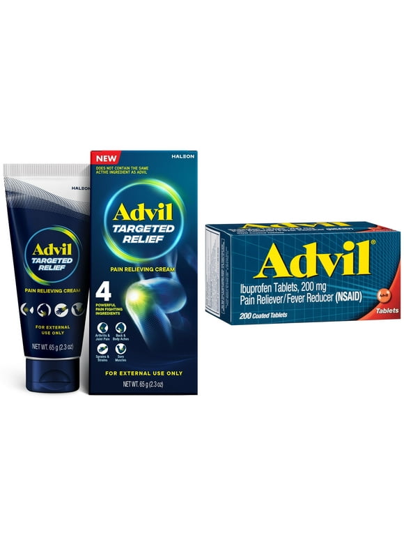 Advil Pain Relievers and Fever Reducer Coated Tablets, 200 Mg Ibuprofen, 200 Count + Advil Targeted Relief Pain Relief Muscle Rub Cream for Minor Arthritis, Joint, Lower Back and Muscle Pain, 2.3 Oz