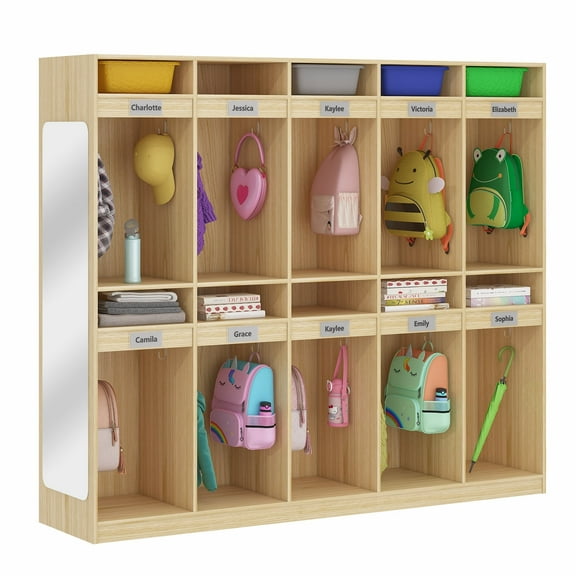 Advwin 10-Section Classroom Coat Locker with 10 Cubbies, 20 Hooks & Acrylic Mirror, Kindergarten Wooden Lockers for Home, School, Nursery, Daycare