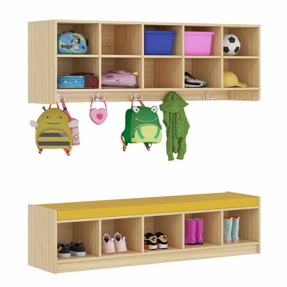 Advwin 10-Section Wall Cubbies with Hooks and Cushioned Shoe Storage Bench, Wall-Mounted Wooden Storage Organizer for Classroom, Daycare, Home & School