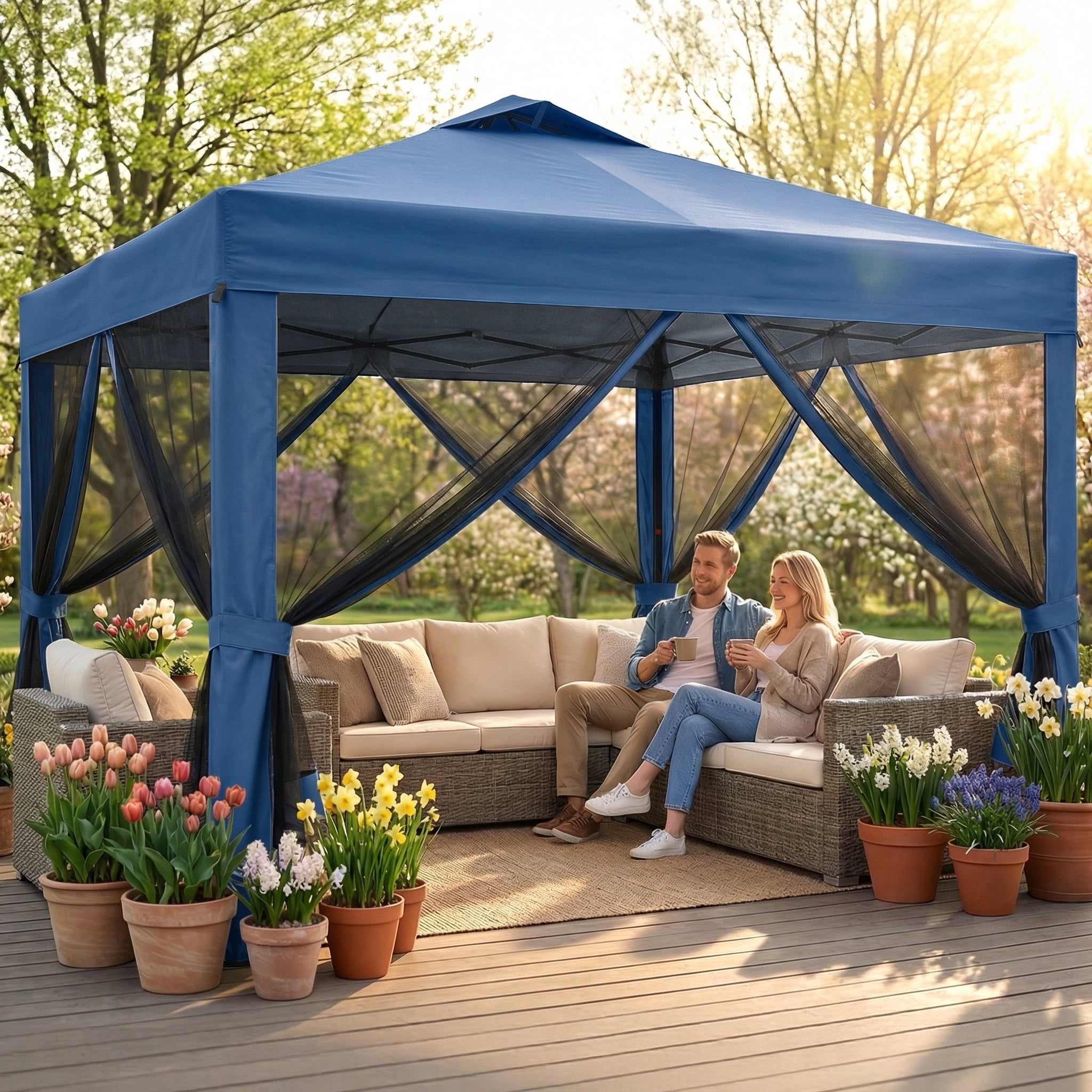 Advwin 10x10 Pop Up Canopy Tent with Netting, Instant Folding Outdoor Gazebo with Wheeled Carry Bag, 3 Adjustable Heights, 4 Sandbags & 4 Ropes, Portable Canopy Shelter for Patio, Backyard, Camping,