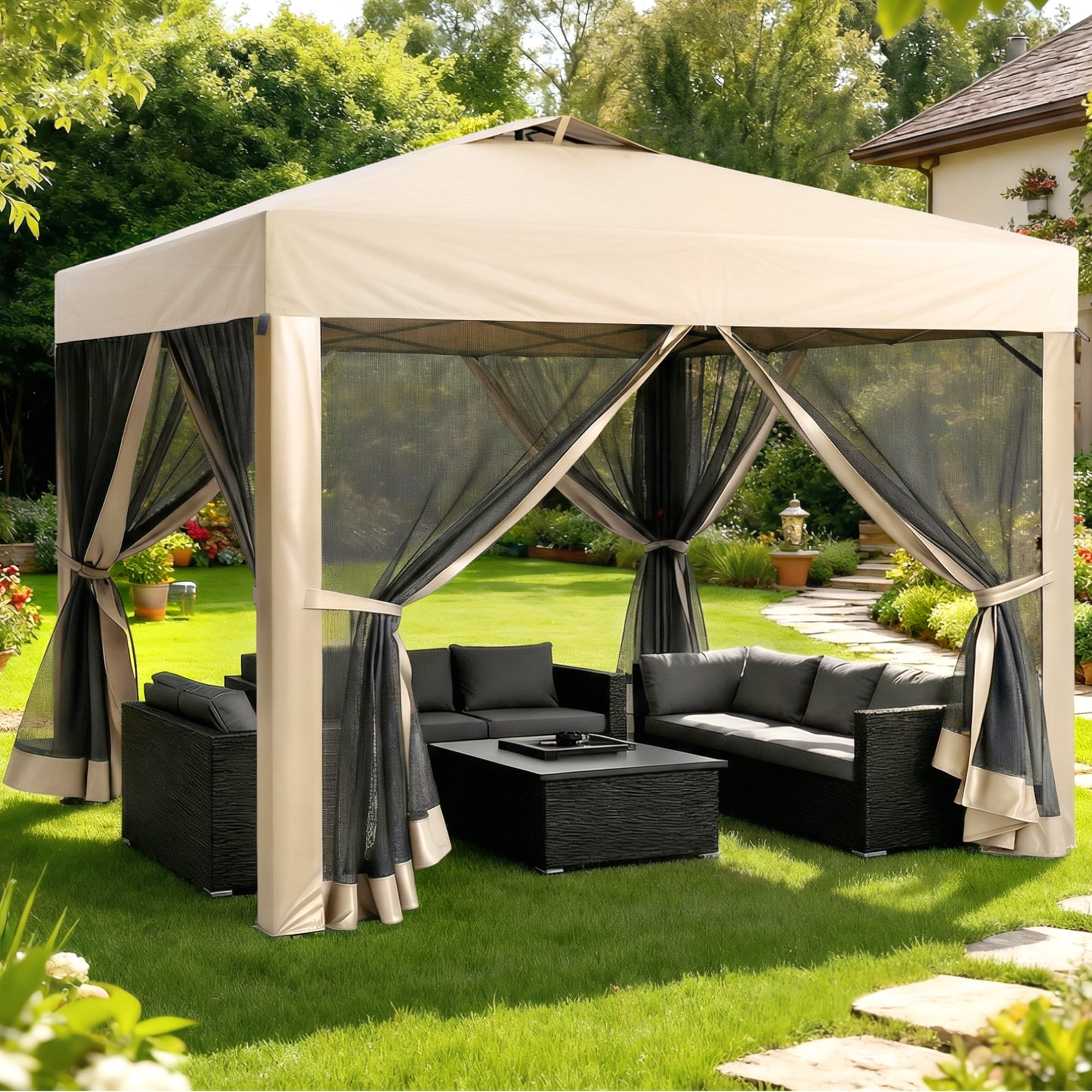 Advwin 10x10 Pop Up Canopy Tent with Netting, Instant Folding Outdoor Gazebo with Wheeled Carry Bag, 3 Adjustable Heights, 4 Sandbags & 4 Ropes, Portable Canopy Shelter for Patio, Backyard, Camping,