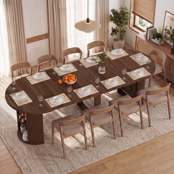 Advwin 110" Extendable Dining Table with Storage, Space-Saving Folding Table for 2-12 People, Modern Wooden Expandable Table for Dining Room, Office, Party, Meetings, Weddings, Walnut