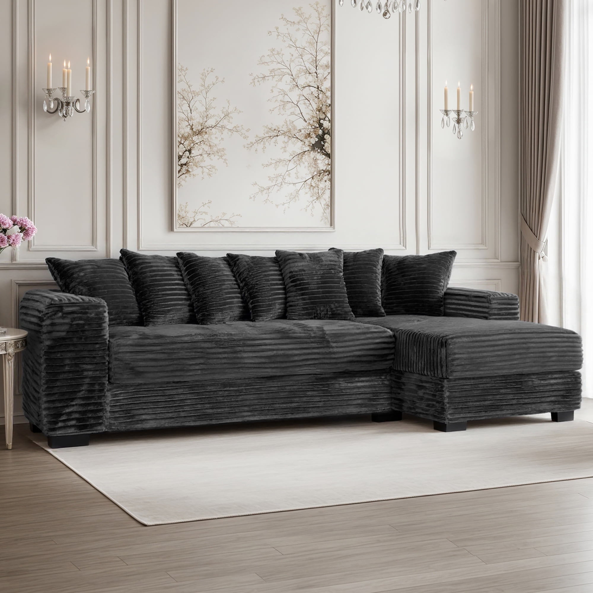 Advwin 110" Oversized L Shaped Sofa with Chaise, Comfy Plush 2-Piece L-Shaped Sectional Couches with 8 Pillows, Soft Fluffy Upholstered Sofa Bed for Living Room Apartment Bedroom, Black