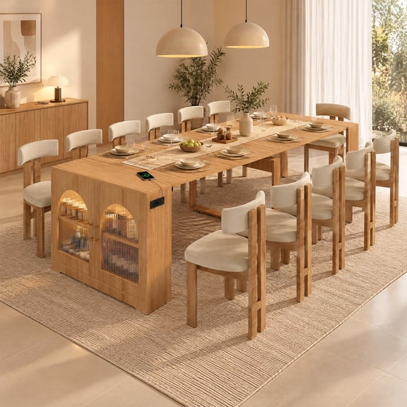 Advwin 23.6" to 118.1" Extendable Dining Table for 2-12 People, Modern Folding Table with Fluted Glass Storage Cabinet, LED Lights & Power Outlet, Space-Saving Table for Parties & Gatherings, Oak